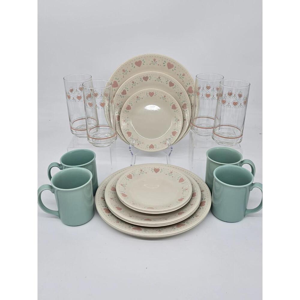 Corelle Forever Yours 20-Pc Dinnerware Set W/Glasses Set Made In USA 1980's #2